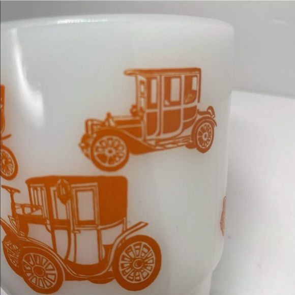 Vintage Fire King Milk Glass Coffee Mug Cup Orange Antique Cars Automobiles - Picture 8 of 12